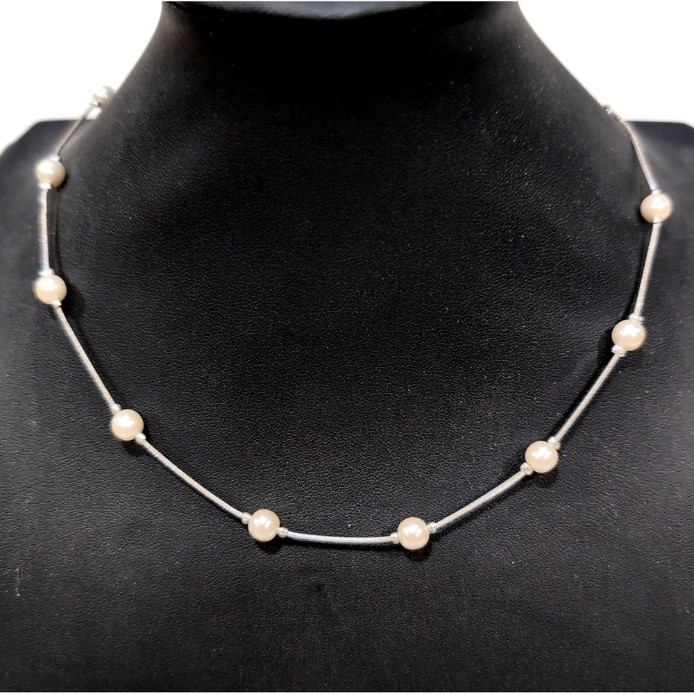 NEW Silver-Tone & White Faux Pearl Station Necklace Charter Club Basics NWT
